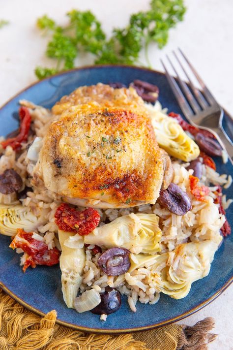 One-Pot Mediterranean Chicken and Rice - The Roasted Root Mediterranean Chicken And Rice, Healthy High Protein Meals, Mediterranean Chicken, Chicken And Rice, Sun Dried Tomatoes, Artichoke Hearts, Kalamata Olives, Dried Tomatoes, High Protein Recipes