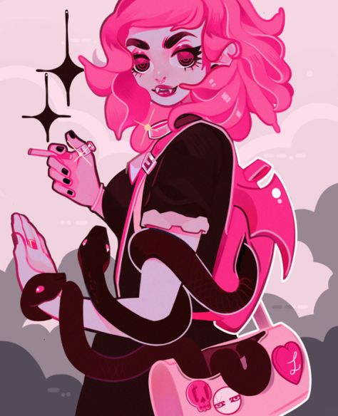 cr:lolimoog, tumblr art, snakes, pretty pink, Snake Cartoon, Monster Teeth, Pink Monster, Pastel Goth Art, Vampire Teeth, Snake Art, Pink Snake, Goth Art, Kawaii Art