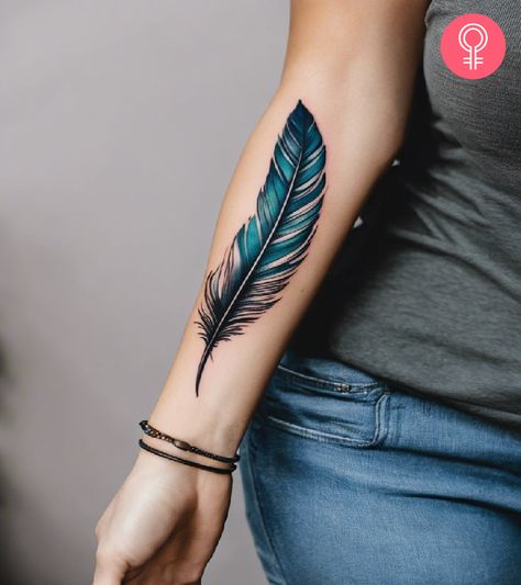 8 Simple Feather Tattoo Ideas With Inspiring Meanings Feather Hand Tattoo, Blue Feather Tattoo, Simple Feather Tattoo, Feather Tattoo Men, Native American Feather Tattoo, Feather Tattoo Ideas, Feather Tattoo Arm, Quill Tattoo, Feather Tattoo Colour