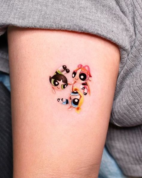 Powerpuff Girls Matching Tattoos, Matching Cartoon Tattoos, Power Puff Girls Tattoo, Nickelodeon Tattoos, Powerpuff Girls Tattoo, Cartoon Tattoo Ideas, Power Tattoo, Matching Sister Tattoos, Ink Therapy