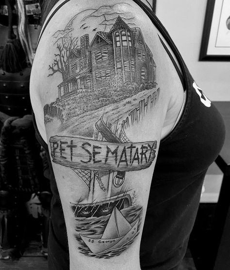 Stephen King Tattoo Sleeve, Pet Sematary Tattoo, Dark Tower Tattoo, Stephen King Tattoos, Empire Tattoo, Horror Movie Tattoos, King Tattoo, Themed Tattoos, Salem Lot