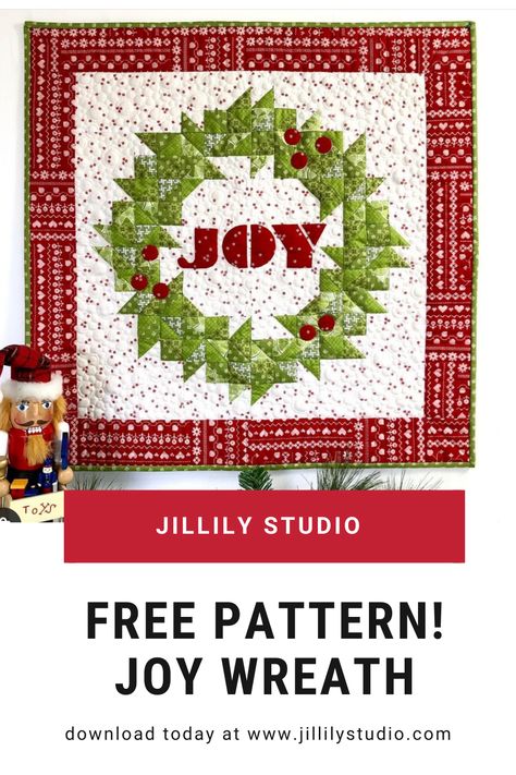 Quilt Wreath Free Pattern, Quilted Christmas Wall Hangings Patterns Free, Mini Wall Hanging Quilt, Christmas Wreath Quilt Block, Christmas Quilt Wall Hanging Patterns, Joy Table Runner, Quilt Wreath, Wreath Quilt Pattern, Quilted Wall Hangings Patterns