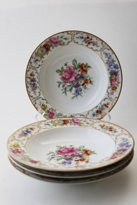 vintage Dresden multi-colored floral Rosenthal Bavaria china, set of four large soup bowls Dresden China, China Set, Laurel Leaves, China Sets, Soup Bowls, Large Bowl, Soup Bowl, Bavaria, Dresden