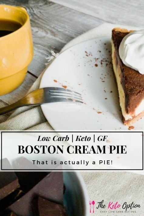 Keto Boston Cream Pie style dessert!  | Imagine a Boston Cream Pie that is actually a PIE and is low carb!  | Keto Diet | Keto Dessert | Low Carb Dessert | Visit trinakrug.com/recipes Keto Boston Cream, Thm Cake, Keto Pies, Nutritious Eating, Keto Pie, Sugar Free Pie, Diet Desserts Recipes, Keto Treats, Dump Cakes