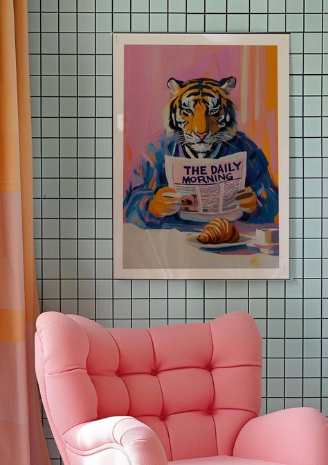 Tiger Poster, Newspaper Poster, Dopamine Decor, Bedroom Wall Art, Kitsch Aesthetic Art, Quirky Art Poster, Eclectic Print, Livingroom Decor - Etsy Canada Kitsch Aesthetic, Champagne Poster, Aesthetic Office, Tiger Poster, Aesthetic Print, Living Room Console, Matisse Print, Poster Pink, Dopamine Decor