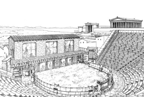 URBAN PLANNING; reconstructed drawing of the Theatre at Priene, c. 3rd century BC. Greek Theatre Drawing, Theatre Plan, Theatre Drawing, Greek Drawing, Ancient Greek Theatre, Greek Theatre, Design Basics, City Drawing, Kumamoto