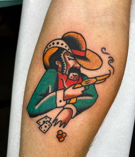 Gambling cowboy for Tommy! Thanks for choosing this one. I have time available to tattoo you! Just send me a DM Always at the best place in town @casatigretattoo @_casa_tigre_ #tattoo #tatuagem #oldschool #oldschooltattoo #traditional #traditionaltattoo #cowboy #cowboytattoo #lisbon #lisbontattoo #casatigre #europe #europetattoo Trad Cowboy Tattoo, American Traditional Cowboy Tattoo, Sombrero Tattoo, Traditional Cowboy Tattoo, Western Traditional Tattoo, Traditional Western Tattoo, Cowboy Tattoo, Tat Inspiration, Cowboy Tattoos