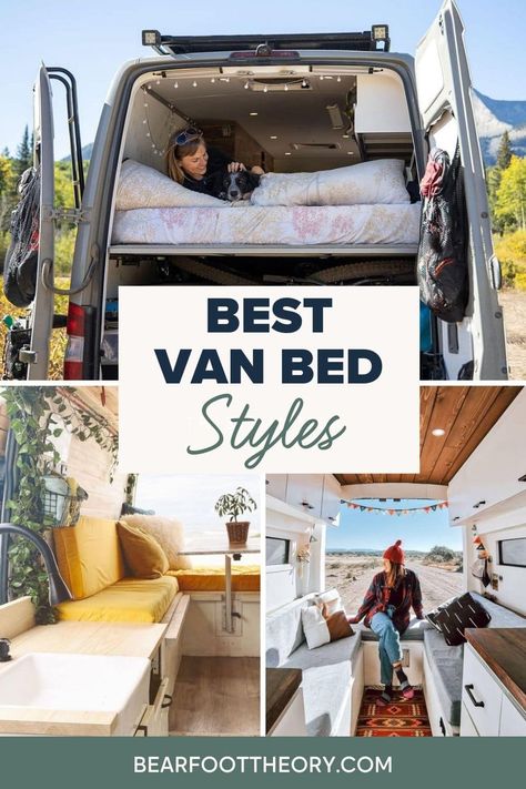 Learn about different camper van bed options including platform and convertible folding van beds plus examples of each. Camper Van Bed Ideas, Van Bed Ideas, Suspended Bed, Bed Options, Bed Placement, Fold Up Beds, Campervan Bed, Custom Camper Vans, Custom Mattress