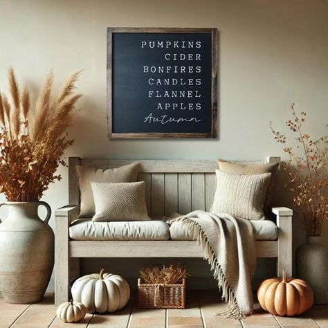 This moody, black fall sign features all things wonderful about autumn. It adds a unique touch to your fall decor and Halloween time. This sign is hand painted with a dark stained wood frame to add to the dark, beautiful theme.  Choose your size at checkout (the sign pictured is 13" x 13"). Looking for a different size or color? Send me a message and we can come up with the perfect fall piece for your home! Follow us on Instagram for more home decor and crochet inspiration! Due to the nature of the wood, each product will have natural differences. Our products are handcrafted and will therefore have some slight variations. Fall Decor Pumpkins, Fall Moody Decor, Mantle Decorating, Black And Natural Wood Decor, Diy Fall Wall Decor, Fall Farmhouse, Fall Tv Stand Decor, Fall Entry Table Decor, Fall Entry Table