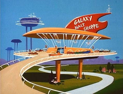 Raygun Gothic Aesthetic, Retro Product Design, Googie Architecture Space Age, 1950s Graphic Design, Jetsons Art, Space Age Architecture, 1950s Futurism, Jetsons Aesthetic, Anime Cities