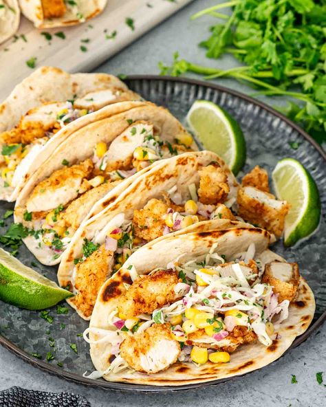 Fried Chicken Tacos, Tangy Slaw, Fried Chicken Taco, Supper Meals, Dips Appetizers, Light Dinners, Fried Tacos, Clams Casino, Breaded Chicken Tenders