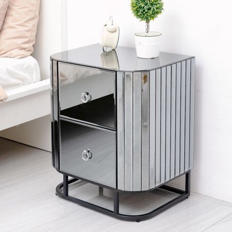 Builddecor 2 - Drawer Silver Mirror Nightstand, Bedside Tables, Small Nightstand, Bedroom End Tables | Wayfair Glass Nightstand, Mirror Bedside Table, Mirror Bedside, Bedside Cupboard, Bedroom End Tables, Bedside Table Grey, Silver Side Table, Small Nightstand, Black Bedside Table