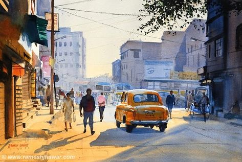 Ramesh Jhawar on Instagram: “Early warm light, Kolkata #watercolors #painting #watercolorpainting #art #cityscape #landscape #kolkata #india #figures #yellowtaxi #taxi…” Nata Drawings, Watercolor Indian, Painting Composition, Cityscape Landscape, Composition Painting, Perspective Drawing Architecture, Yellow Taxi, Cityscape Photography, Landscape Photography Nature