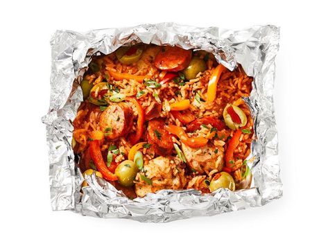 Foil-Packet Rice with Chorizo and Chicken Recipe | Food Network Kitchen | Food Network Chicken Chorizo Recipe, Frozen Rice, Chicken And Rice Recipes, Baked Orange Chicken, Foil Packet Dinners, How To Cook Chorizo, Foil Packs, Easy Roast Chicken, Foil Packet