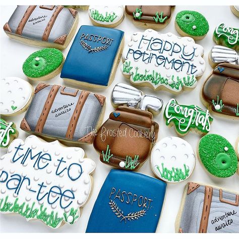 Happy retirement! Time to par-tee! ⛳️🏌🏻‍♂️ #happyretirement #retirementcookies #golfcookies #royalicing #travelcookies #thefrostedcookiery Retirement Party Cookies, Golf Retirement Cookies, Retirement Party Cookie Ideas, Beach Retirement Cookies, 30th Birthday Golf Cookies, Retirement Cookies, Golf Cookies, Par Tee, Happy Retirement