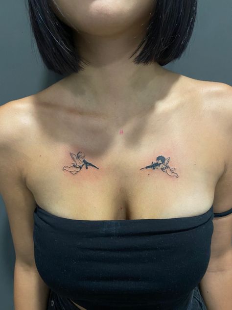 Angel Tattoo On Collarbone, Small Tattoos To Cover Other Tattoos, Celtic Angel Tattoo, Angel Chest Tattoo Female, Double Collar Bone Tattoo, Angel And Devil Tattoo On Shoulder, Angel And Devil Shoulder Tattoo, Angel Devil Shoulder Tattoo, Collar Bone Tats