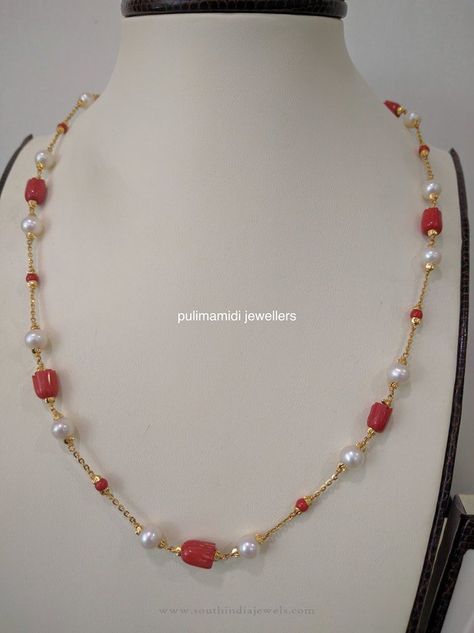 Indian Gold Coral Chains, 22K Gold Chains with Coral and Pearls. Pearls Chains Gold, Coral And Pearl Jewellery, Pearl And Coral Gold Chain, Coral And Pearl Necklace, Corals And Pearls Jewellery, Beads Chain Designs, Coral Necklace Indian Gold, Coral Jewelry Indian Gold, Pearl Chain Designs