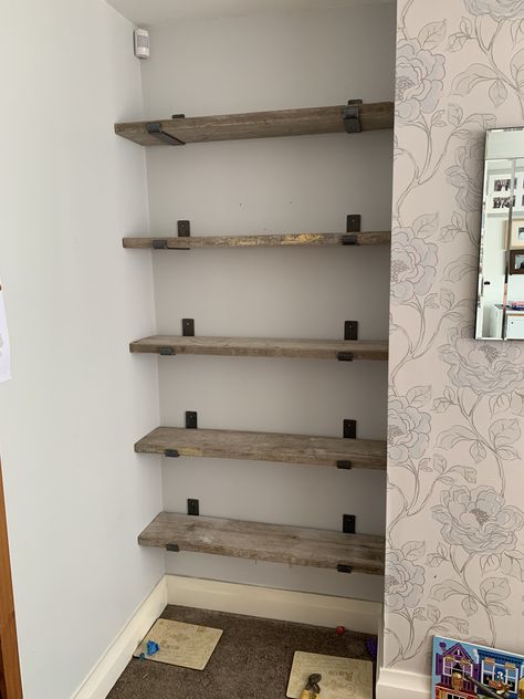 Scaffold board shelving in alcove Alcove Shelves Diy, Kitchen Alcove Shelving, Scaffolding Board Shelves, Scaffold Board Shelves Living Rooms, Shelves In Alcoves, Diy Alcove Shelves, Scaffolding Shelves, Scaffold Shelves, Scaffold Shelving