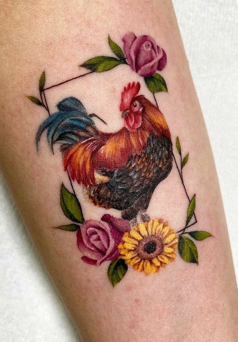 Farm Sleeve Tattoos For Women, Colorful Chicken Tattoo, Farm Animal Tattoos For Women, Matching Chicken Tattoos, Rooster Tattoo For Women, Chicken Tattoos For Women, Farm Animal Tattoo, Farm Tattoo Ideas, Farm Tattoos For Women