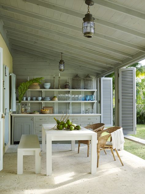 Kitchen With Shutters, Kitchen Beach House, Amanda Lindroth, Florida Cottage, Indoor Spa, Coastal Interiors Design, Harbour Island, Yellow Houses, Beach Bungalows