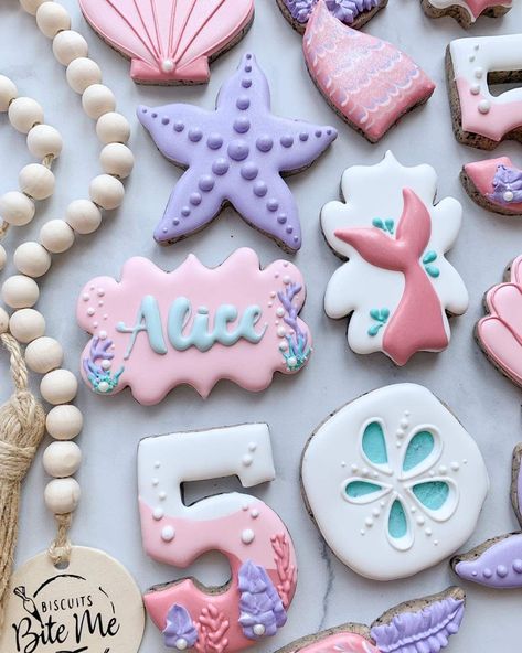 Mermaid Iced Cookies, Under The Sea Decorated Cookies, Ariel Cookies Decorated, Mermaid Party Cookies, Mermaid Sugar Cookies Royal Icing, Oneder The Sea Cookies, Mermaid Decorated Cookies, Mermaid Cookies Royal Icing, Mermaid Themed Cookies