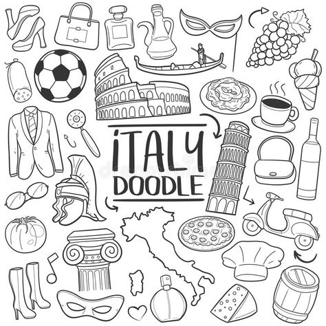 Italian Doodles, Italy Drawing Easy, Italy Doodles, Doodle Travel, Italian Symbols, Italy Drawing, Travel Doodles, Doodle Icons, Hand Drawn Elements