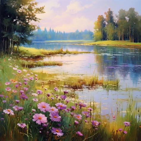 Fantasy lake. Flowers. Spring summer views. Knitting Flowers, Dinner Setup, Beautiful Landscape Paintings, Scenery Paintings, Beauty Art Drawings, Spring Lake, Landscape Art Painting, Angel Painting, Flower Landscape