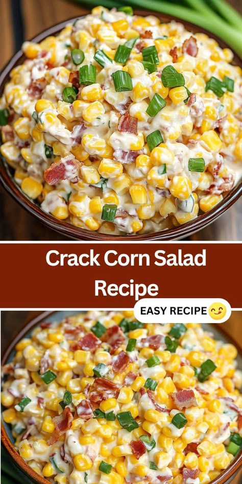 Looking for a quick and easy side dish? Try this Crack Corn Salad! Made with sweet corn, crispy bacon, cheddar cheese, and a creamy ranch dressing, it’s the perfect recipe for barbecues, potlucks, and summer gatherings. This delicious, no-fuss salad can be made in advance and is a crowd-pleaser at any event. Whether you’re serving it with grilled chicken or burgers, this corn salad is sure to be a hit. Save this simple and flavorful side dish for your next cookout! Corn Chips Salad, Corn And Bacon Side Dishes, Corn Ranch Salad, Canned Corn Recipes Side Dishes, Bacon Corn Salad, Corn Chip Salad, Cold Corn Salad, Bacon Side Dishes, Corn Salad Recipe Easy