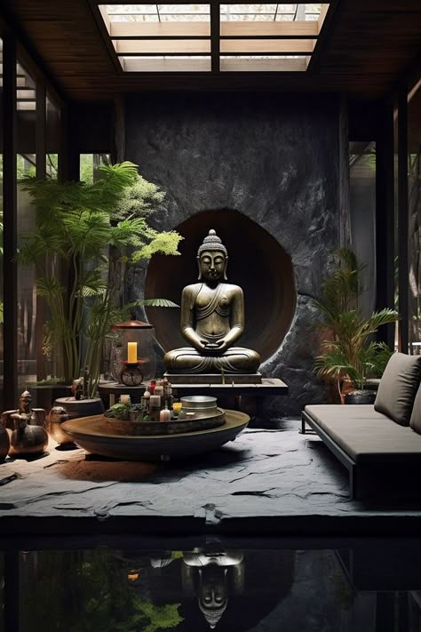 Buddha Room Design, Meditation Room Inspiration, Ethereal Home, Bali Home Decor, Meditation Room Design, Buddha Statue Garden, Water Fountain Ideas, Buddha Garden Ideas, Yoga Room Ideas