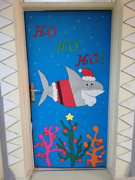 Christmas shark/under the sea door display Shark Classroom Door, Christmas Under The Sea, Under The Sea Classroom Door, Santa Vacation, Under The Sea Christmas, Luau Christmas, Reef Christmas, Baby Shark Christmas, Aloha Christmas