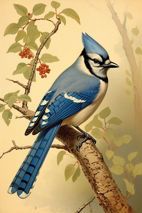 Bluejay Feather, Bluejay Bird, Blue Bird Art, Vintage Bird Illustration, Blue Jay Bird, The Graphics Fairy, Flower Art Drawing, Jay Bird, Bird Poster