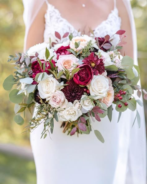 Fall Bridal Bouquet Burgundy, Burgundy Summer Wedding Flowers, Pink And Maroon Flower Arrangements, Wine And Berry Tone Wedding, Burgundy Blush And Sage Bouquet, Burgundy And Cream Wedding Flowers, Dark Wedding Flowers Bouquet, Burgundy And Blush Flowers, Cabernet Flower Bouquet