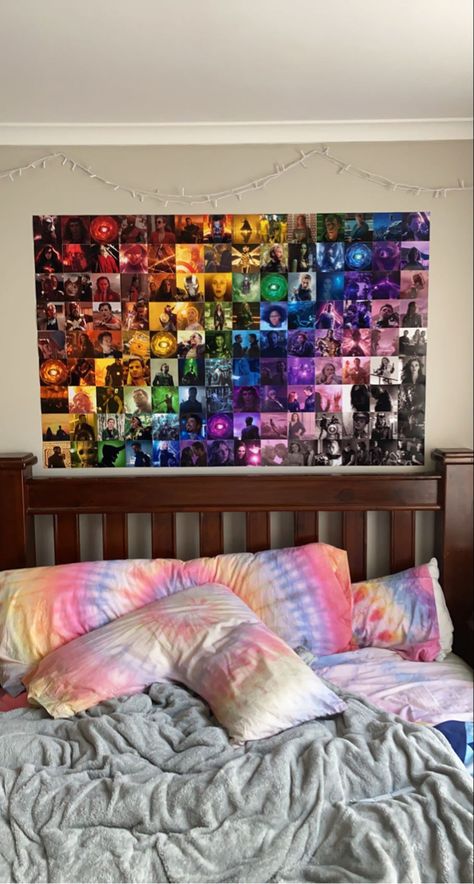 the finished rainbow photo wall Marvel Photo Wall Collage Bedroom, Rainbow Marvel Wall, Marvel Inspired Room, Marvel Decorations Room, Marvel Bedroom Aesthetic, Aesthetic Marvel Room Decor, Rainbow Photo Wall, Marvel Photo Wall, Marvel Rainbow Wall