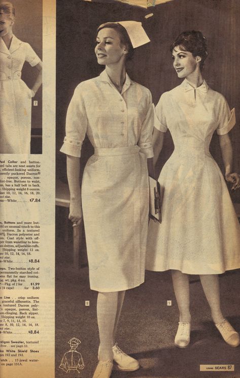 Stylish nursing uniforms from Sears catalog -- I think I actually looked like that when I was first a nurse!! History Of Nursing, Women In White, Blouse Nylon, Vintage Nurse, Nurse Rock, Nurse Uniform, Vintage Memory, White Caps, White Dresses