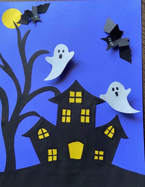 Ghosts Crafts Preschool, Haunted House Construction Paper, Haunted House Kids Craft, Haunted House Crafts For Toddlers, Halloween Decoration For School, 3d Ghost Craft, Haunted House Paper Craft, Haunted House Preschool Craft, Haunted House Craft Ideas