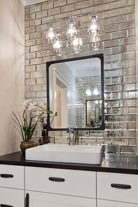 Mirror Tiles Ideas, Tile Accent Wall Bathroom, Mirror Tiles Bathroom, Mirror Tile Backsplash, Bathroom Wall Tile Design, Tile Accent Wall, Aesthetic Interior Design, Bathroom Accent Wall, Tiles Ideas