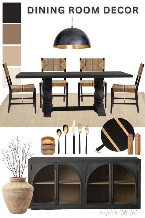 Black and beige dining room design board featuring a dark wood toned table paired with black and woven dining chairs Masculine Dining Room, Brown Dining Room Table, Restoration Hardware Dining Room, Beige Dining Room, Organic Dining Room, Black Dining Room Furniture, Black Dining Room Table, Dark Dining Room, Brown Dining Room