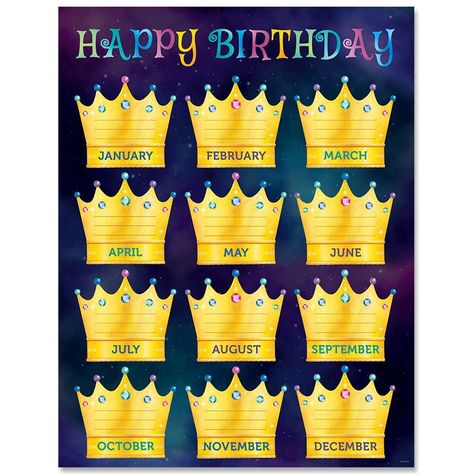 Bold and colorful, this Mystical Magical Happy Birthday Chart features royal jewel-studded crowns that will make students feel special on their birthday. This chart is a perfect way to display student birthdays in the classroom, at a day care, in a church, or at a preschool. Chart measures 17" x 22" Back of chart includes reproducibles and activity ideas. Birthday Chart For Preschool, Happy Birthday Chart, Birthdays In The Classroom, Class Birthday Display, Birthday Chart Classroom, Birthday Display In Classroom, Birthday Smiley, Happy Birthday For Her, Birthday Board Classroom