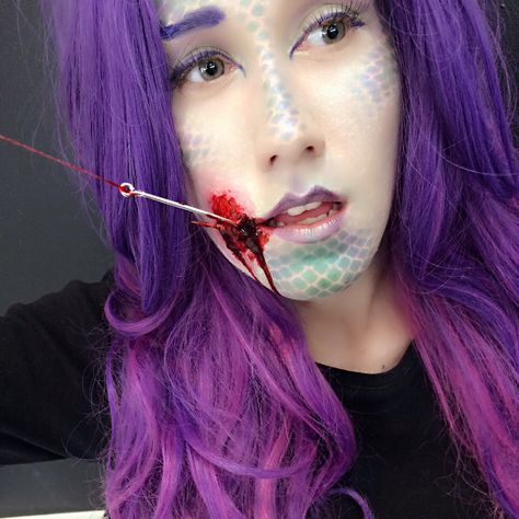 Mermaid with hook  special effects makeup Dead Mermaid Makeup, Scary Mermaid Makeup, Mermaid Fishnet Makeup, Mermaid Hook Makeup, Mermaid Special Effects Makeup, Caught Mermaid, Mermaid Festival, Haunted House Makeup, Hooked Mermaid Makeup