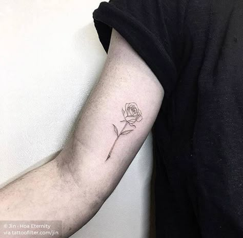 Rose fine line tattoo on the inner arm. Rose Bicep Tattoo Men, Fine Line Rose Tattoo Men, Rose Tattoo Inner Bicep, Rose Inner Arm Tattoo, Bicep Rose Tattoo, Rose Tattoo Bicep, Rose Tattoo Inner Arm, Small Fine Line Tattoo, Small Nature Tattoo