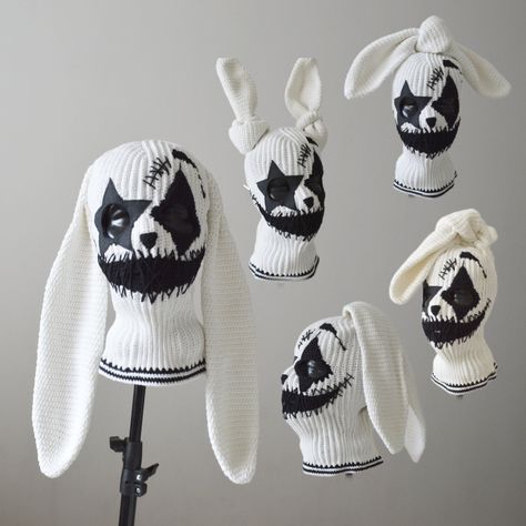 Crochet creepy clown joker balaclava ski hat with bunny ears cotton yarn. Completely handmade. Suitable for men and women. Crocheted face mask with 3 holes in white color. Mouth and eyebrows, eyes and triangles, star in black color.  Personalization and artful handwork make each piece unique. Sizes: M- 22" - 22 3/8" (55.9 cm-56.8 cm) L- 22 3/4"-23 1/8" (57.8 cm-58.7 cm) XL- 23 1/2"-23 7/8" (59.7 cm-60.6 cm) XXL- 24 5/8"-25" (62.5 cm-63.5 cm)          Material: 50% cotton + 50% acrylic. Care: Gen Crochet Creepy, Hat With Bunny Ears, Joker Clown, Custom Bunny, Bunny Mask, Crochet Faces, Ski Hat, Halloween Face Mask, Creepy Clown