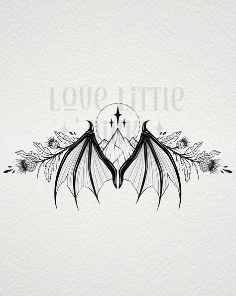 A set of lovely dark Illyrian wings & Velaris mountains for Alison 🦇 Alison already got these tattooed on her back! And sent me images, I’ll show you all when she sends a healed photo 🖤 she wanted some dark styled thistle to complement these wings, and I’m obsessed! #acotar #acotarfanart #tattooart Ideas To Cover Up Tattoos, Black And White Back Tattoo Women, Acotar Book Tattoo Ideas, Illyrian Tattoos Acotar, Velaris Tattoo Knee, Illiryans Tattoo Acotar, Actor Tattoo Ideas, Acotar Tog Crescent City Tattoo, Small Acotar Tattoo Ideas