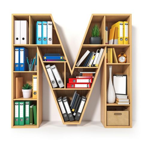 Letter M. Alphabet in the form of shelves with file folder, binders and books isolated on white. Archival, stacks of documents at. The office or library. 3d royalty free illustration Bookshelves For Small Spaces, Creative Bookcases, Unique Bookshelves, Creative Bookshelves, Wall Mounted Bookshelves, Hanging Plant Holder, Bookshelf Design, Letter M, Shelf Design