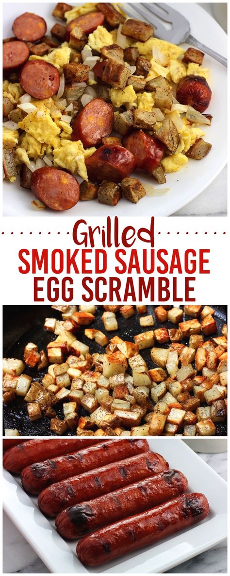 Enjoy breakfast made entirely on the grill with this grilled smoked sausage breakfast egg scramble! A cast iron pan and the grill are all you need to prepare crispy potatoes, grilled onion, scrambled eggs, and perfectly grilled smoked sausage for a satisfying savory breakfast the whole family will love. #GiveLifeMoreFlavor AD Grilling Breakfast Recipes, Smoked Breakfast Recipes, Black Stone Griddle Recipes Breakfast, Black Stone Breakfast Recipes, Black Stone Breakfast, Smoked Sausage Breakfast, Breakfast Egg Scramble, Grilled Smoked Sausage, Eggs With Sausage