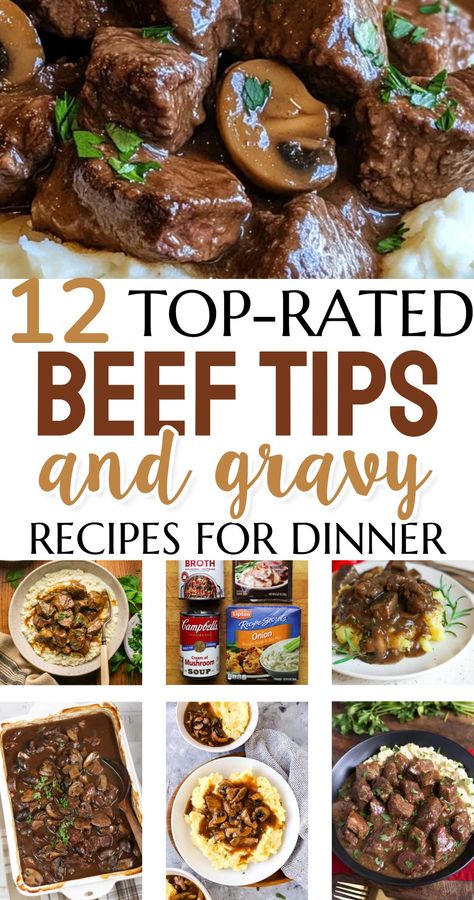 12 top-rated beef tips and gravy recipes - crockpot, oven one pot stove top and instant pot for easy dinner recipes for family with kids budget cheap meals for a family low budget struggle meals easy no mess dinner Simple Beef Tips And Gravy, Beef Tips And Gravy Stove Top, No Mess Dinner, Best Beef Tips And Gravy, Best Beef Tips, Crockpot Recipes Beef Tips, Crockpot Recipes Easy Cheap, No Peek Beef, Meals For A Family