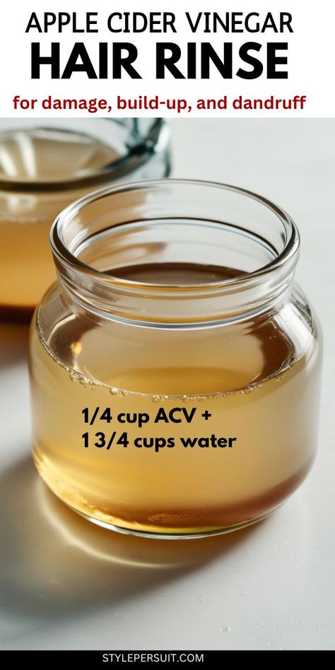 A clear glass bottle of apple cider vinegar next to a bowl and herbs, representing a DIY apple cider vinegar hair rinse for shiny, healthy hair and a refreshed scalp. Coffee Hair Rinse, Diy Acv, Apple Cider Vinegar Hair Rinse Recipe, Diy Hair Rinse, Vinegar Hair Rinse Recipe, Remedies For Healthy Hair, Diy Apple Cider Vinegar, Hair Rinse Diy, Hair Rinse Recipe