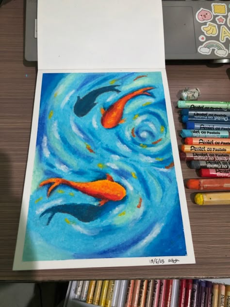 Koi Fish Drawing Oil Pastel, Oil Pastel Fish Art, Koi Oil Pastel, Koi Fish Oil Pastel, Fish Oil Pastel, Painting With Oil Pastels, Two Koi Fish, Zen Artwork, Koi Fish Painting