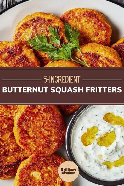 These butternut squash fritters taste amazing, and as always with me, are easy and quick to make in a toaster oven. I love these fritters for breakfast with some sour cream. They are also a great way to sneak veggies onto the plates of your picky eaters – and make sure to prepare a big stack of them, because it’s impossible to eat just one. Find out this recipe at www.thebrilliantkitchen.com | vegetarian recipes Butternut Squash Fritters, Butternut Squash Breakfast, Butternut Squash Pancakes, Squash Fritters, Veggie Recipe, Baked Butternut Squash, Butternut Squash Recipes, Fritter Recipes, Vegan Meal Plans