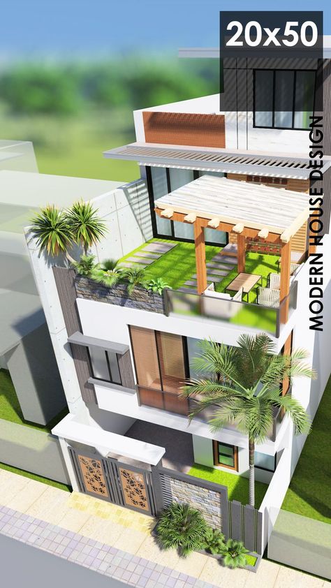 The residence is contemporary in style, with living and entertainment zones at different level. Landscaped areas are introduced at different levels that interconnect with all the spaces giving a happy and peaceful environment around. An open plan concept with variety of material palette from interiors to exteriors results in a luxurious adobe. Modern Indian House, Small Modern House Plans, Narrow House Designs, Indian House, Glass Lift, 2 Storey House Design, House Roof Design, House Balcony Design, Small House Design Exterior