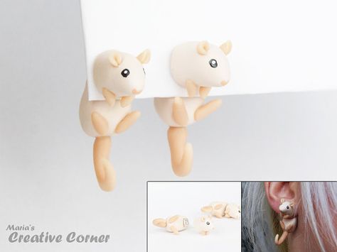 Sculpty Projects, Rat Earrings, Fimo Ideas, Fake Gauges, Clever Gift, Cute Rats, Polymer Clay Animals, Pasta Francesa, Pet Rats